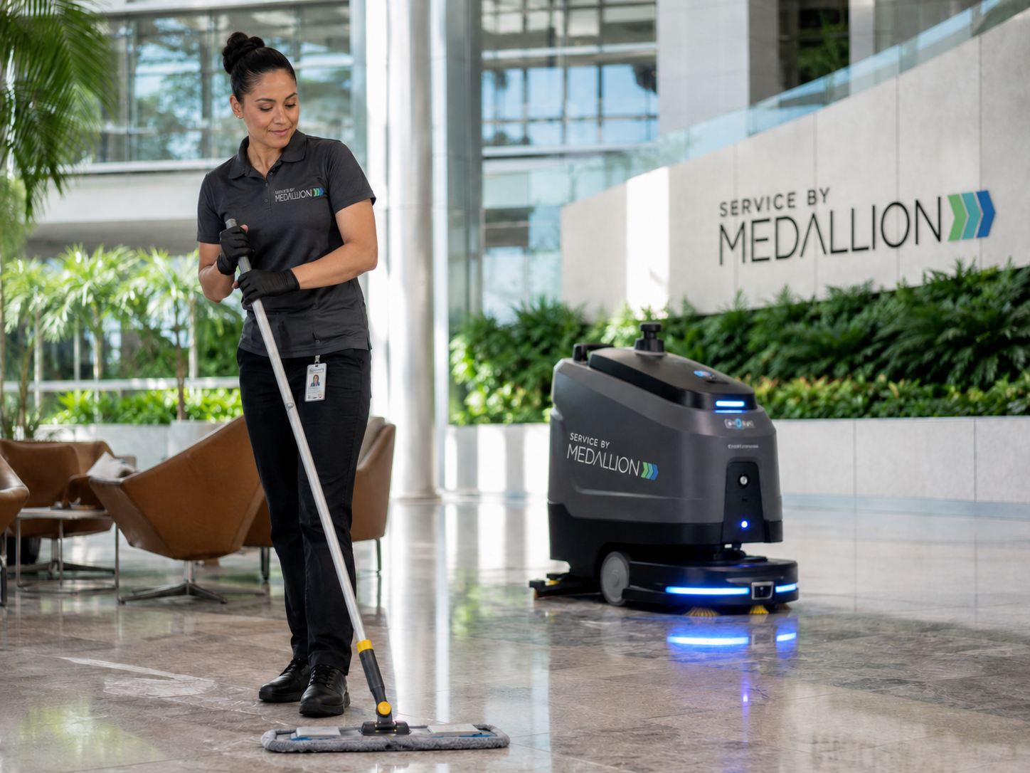 Floor cleaning jobo with janitor cleaning the floor 